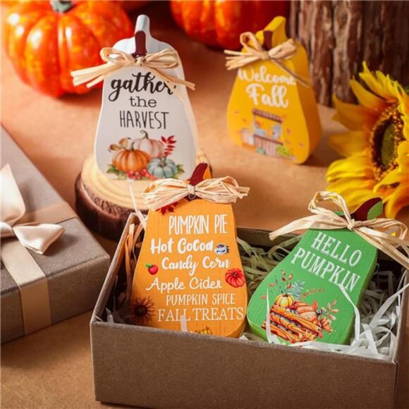 New 4pcs Fall Tiered Tray Decor - Rustic Pumpkins & Signs for Thanksgiving Table - Picture 4 of 8